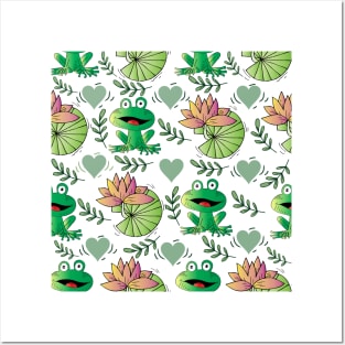 Green frog with lotus leaf and flower seamless pattern. Posters and Art